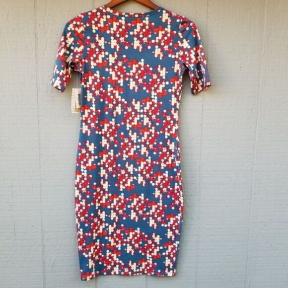 Lularoe NWT Julia XS Blue Red Cream Dot Print Geo - Picture 6 of 7